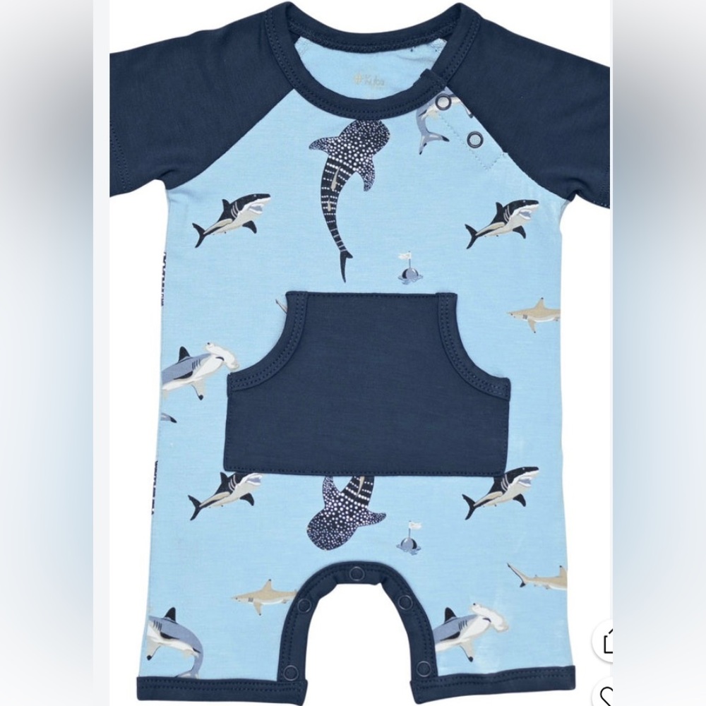 Kyte Baby Stream Shark Shortall snap romper. Bamboo. 3T.